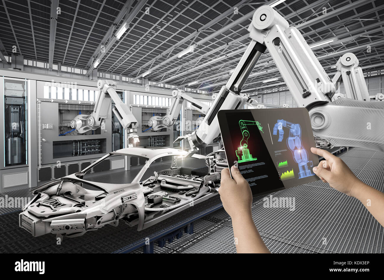Menschliche Kontrolle 3d rendering Lager Roboter in der Fabrik arbeiten Stockfoto