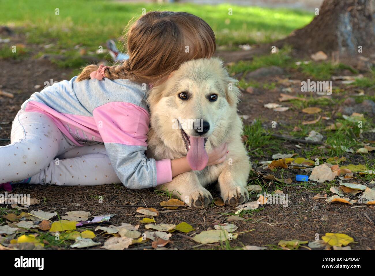 Portrait eines jungen blonden Mädchens, das im Park weißen Welpen kuschelt Stockfoto