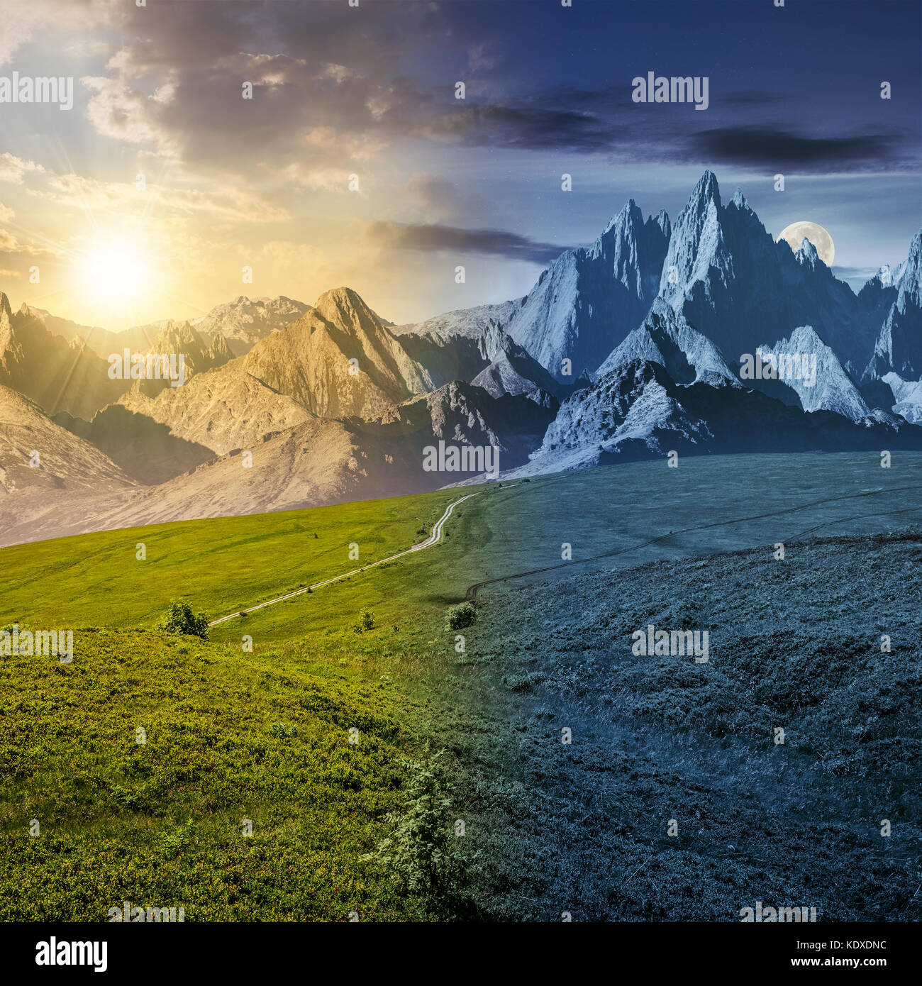 Tag und Nacht Zeit ändern Konzept. grashängen und felsigen Gipfeln Composite. wunderschöne Sommer Landschaft mit herrlichen Bergrücken über dem pleasin Stockfoto