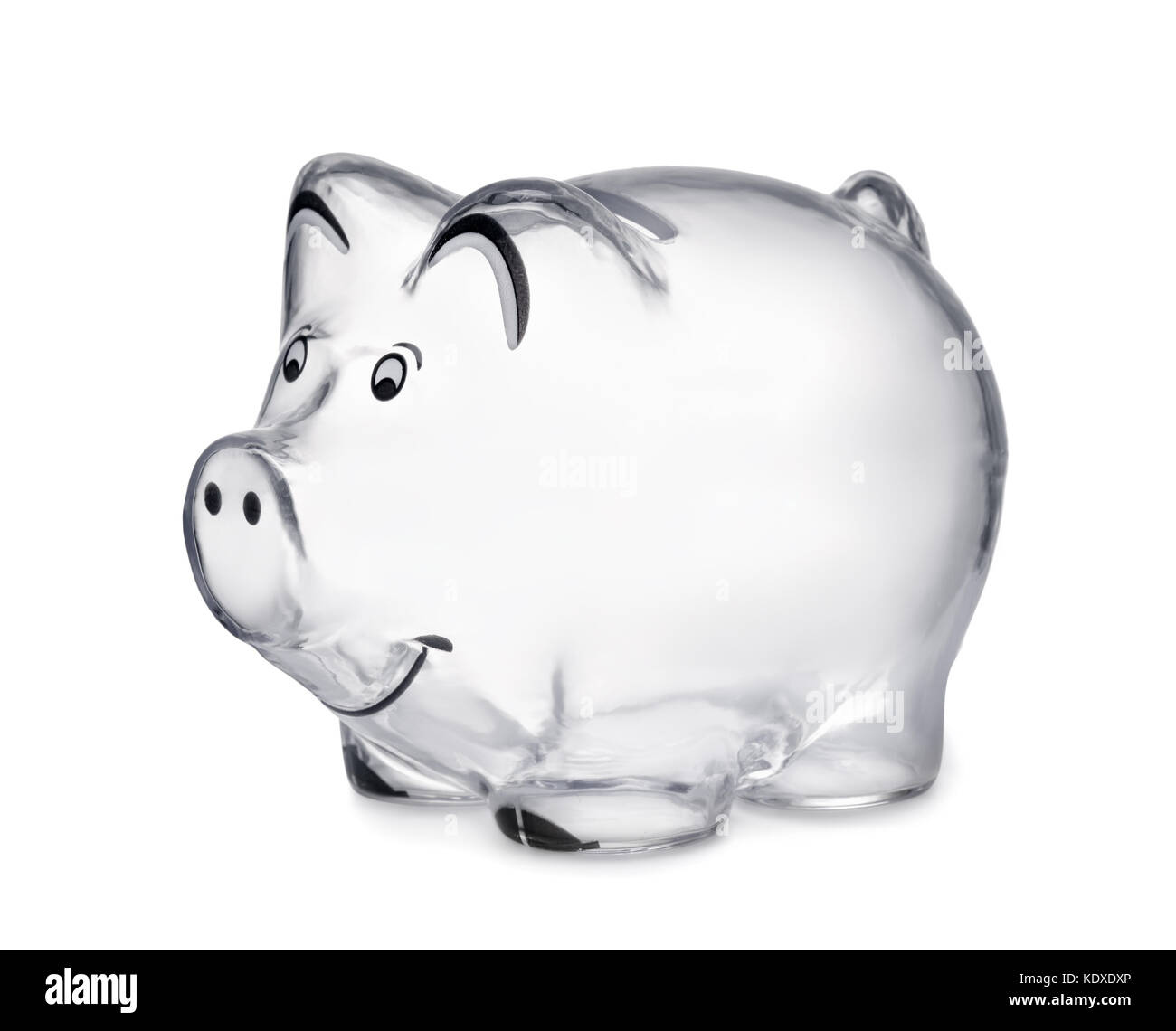 Transparentes Sparschwein isoliert auf weißem Stockfoto