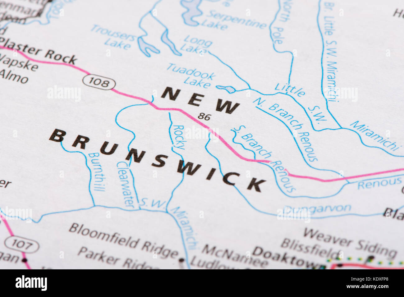 Nahaufnahme von New Brunswick auf eine politische Karte von Kanada. Stockfoto