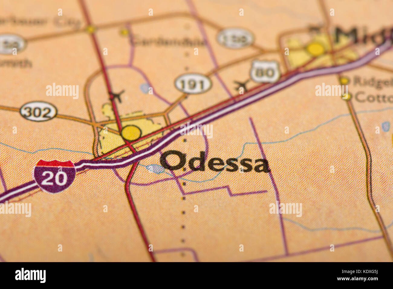 Nahaufnahme von Odessa, Texas auf einer politischen Karte der Vereinigten Staaten. Stockfoto