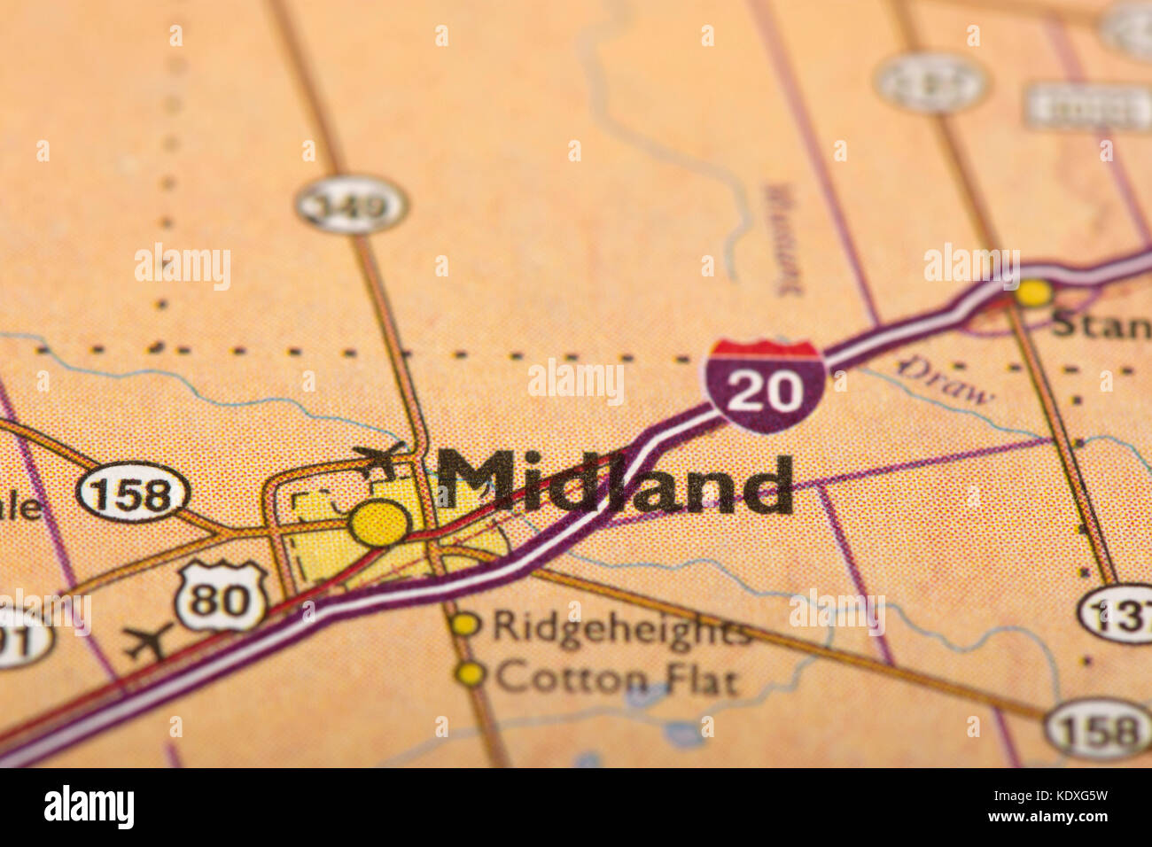 Nahaufnahme von Midland, Texas auf eine politische Karte der Vereinigten Staaten. Stockfoto