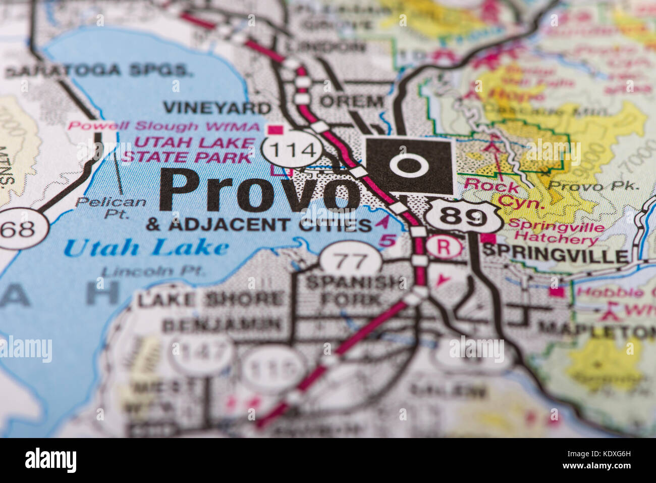Nahaufnahme von Provo, Utah auf eine politische Karte der Vereinigten Staaten. Stockfoto