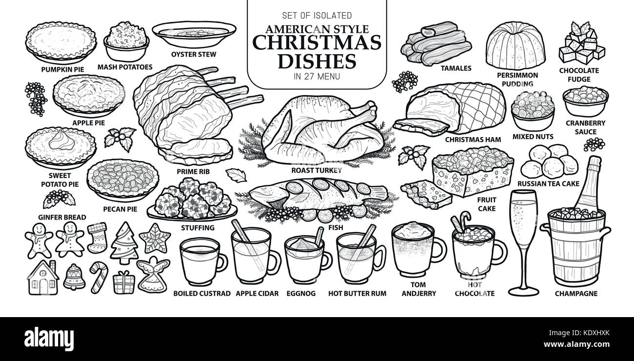 Eingestellt von isolierten traditionelle weihnachtliche Gerichte in 27 Menü. cute Hand gezeichnet Essen Vector Illustration in Dunkelgrau und Weiß auf Weiß backgr Stock Vektor