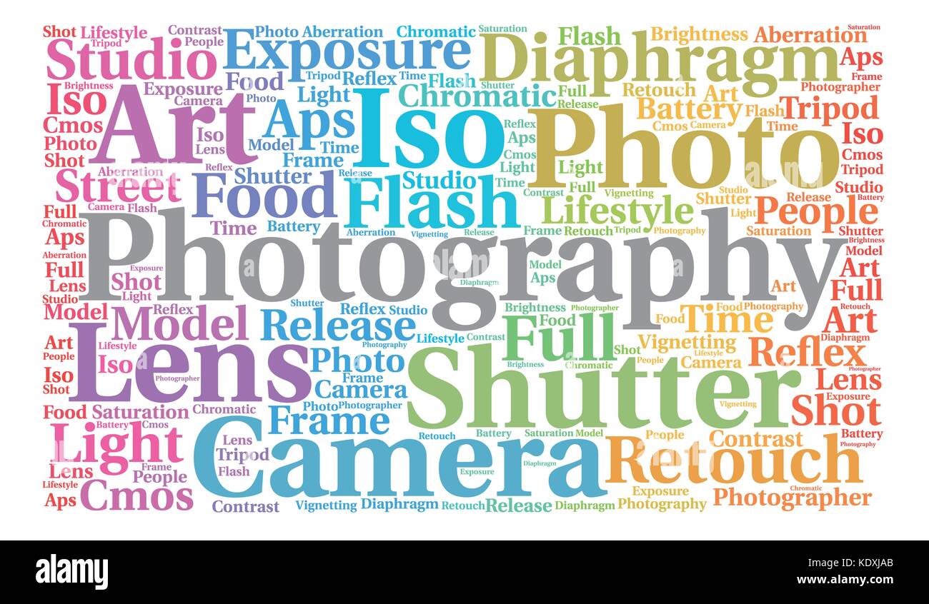 Tag Cloud Fotografie aus einem Worte Collage auf weißem Hintergrund. Stock Vektor