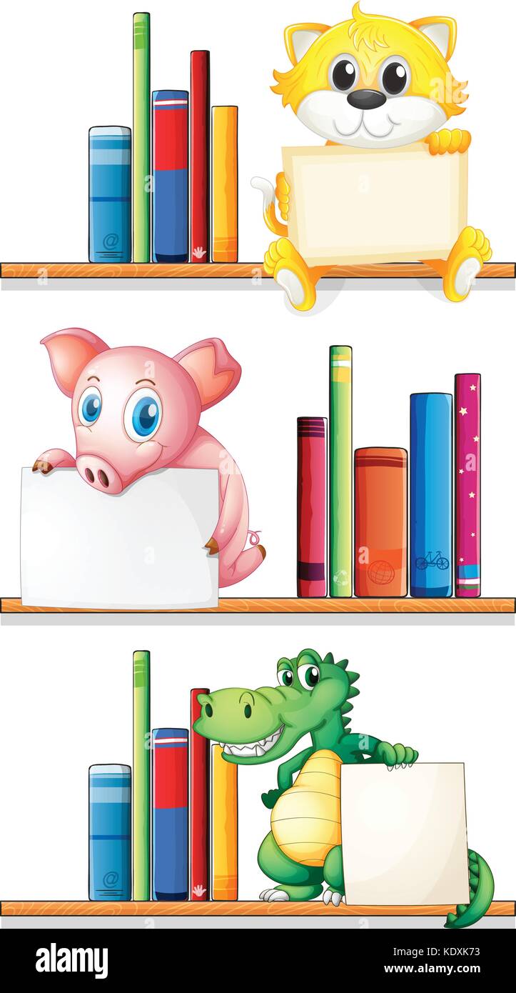 Tiere und Bücher auf dem Bücherregal Abbildung Stock Vektor