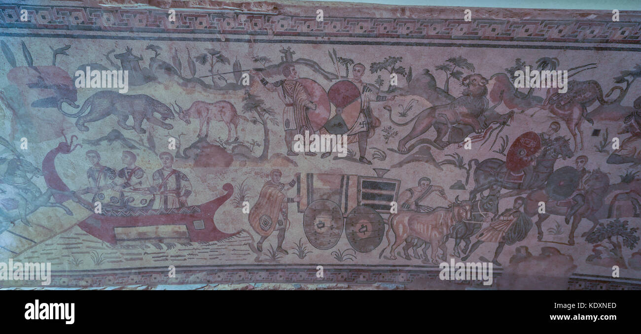 Ein Blick auf die römischen Mosaiken aus einer Sammlung als die Besten in der Welt zu sein an der Piazza Armerina. Aus einer Serie von Fotos in Sizilien, Italien Stockfoto