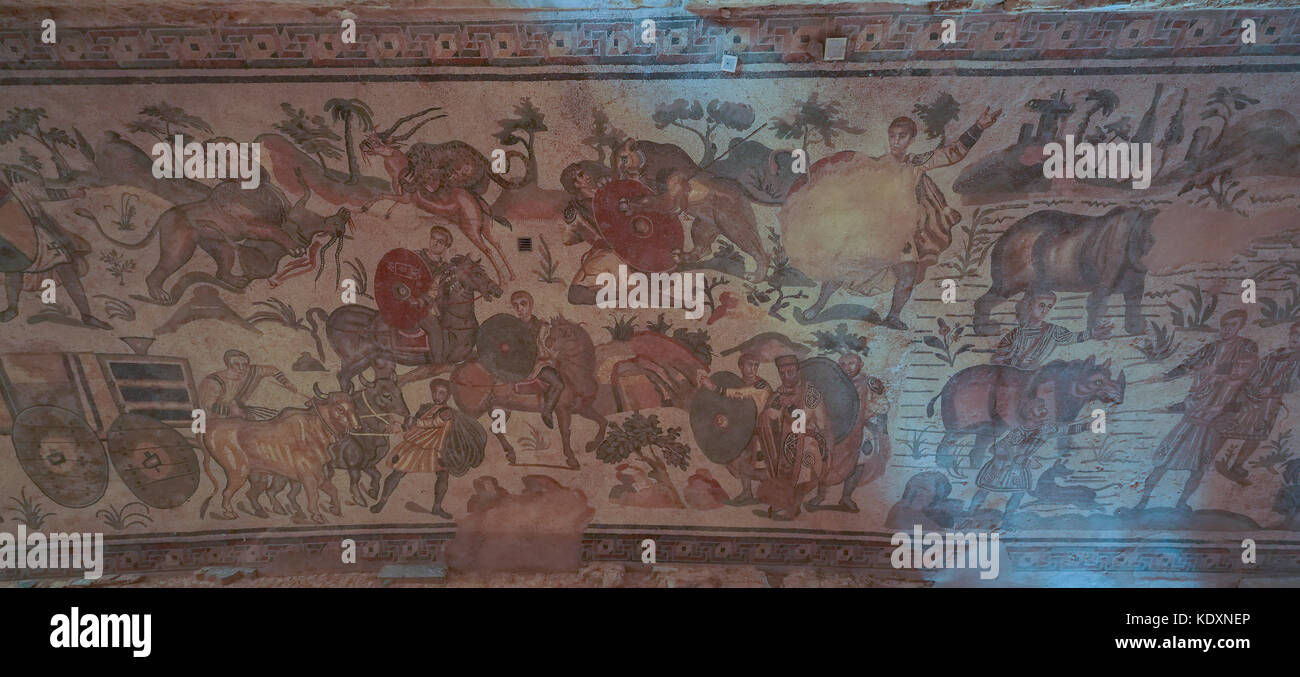 Ein Blick auf die römischen Mosaiken aus einer Sammlung als die Besten in der Welt zu sein an der Piazza Armerina. Aus einer Serie von Fotos in Sizilien, Italien Stockfoto