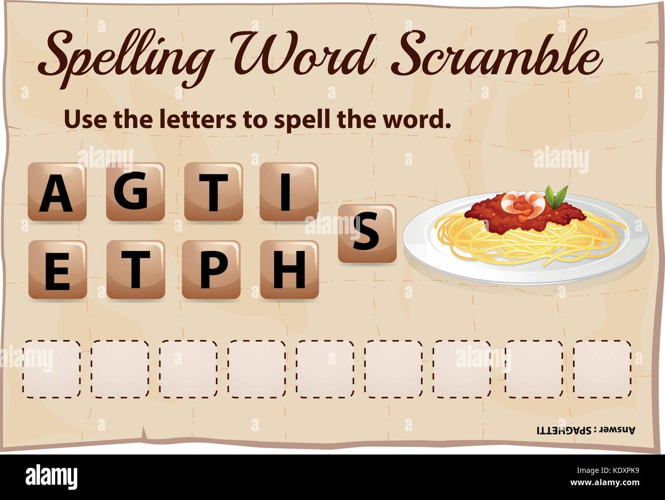 Rechtschreibung Word Scramble Vorlage mit Word spaghetti Abbildung Stock Vektor