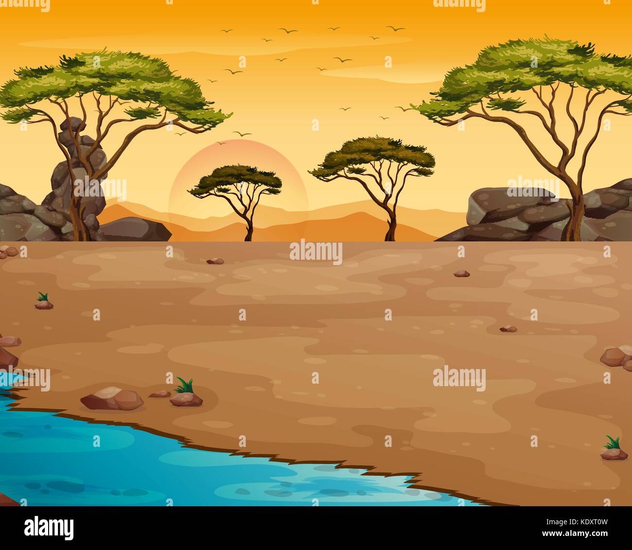 Natur Szene mit River bei Sonnenuntergang Abbildung Stock Vektor