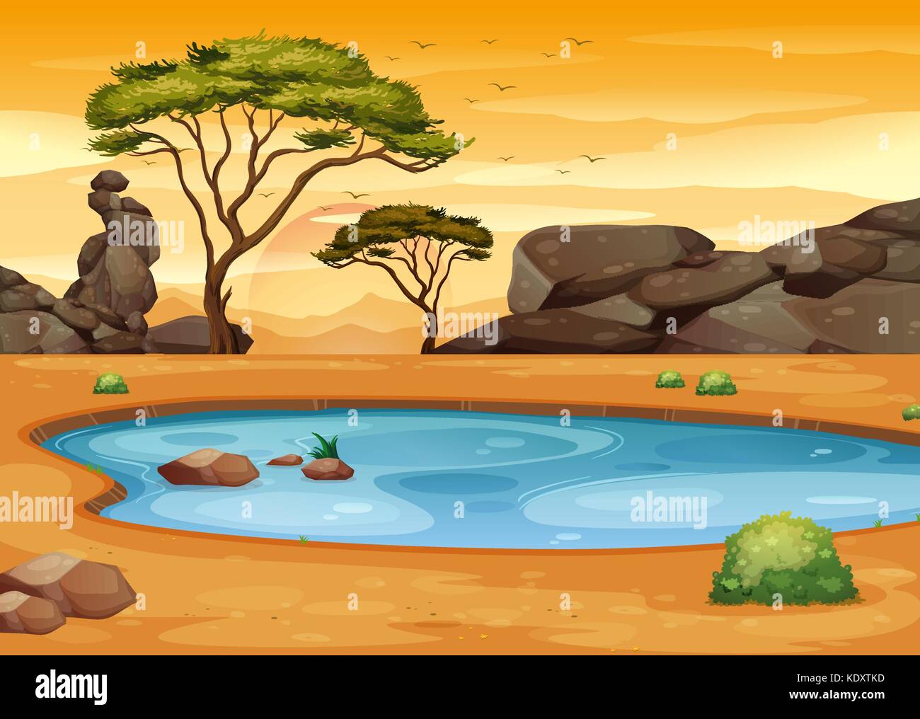 Szene mit Teich in der Wüste Feld Abbildung Stock Vektor