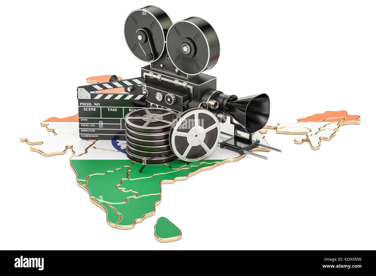 Indische Kinematographie, Filmindustrie Konzept. 3D-Rendering auf weißem Hintergrund Stockfoto