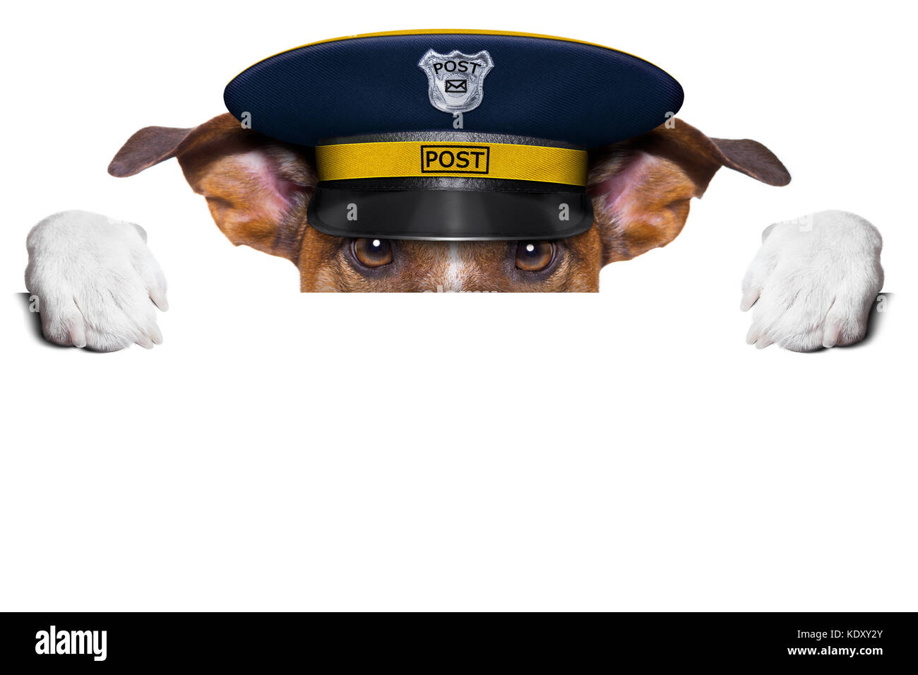 Postman mail Hund versteckt sich hinter leeren Banner Stockfoto