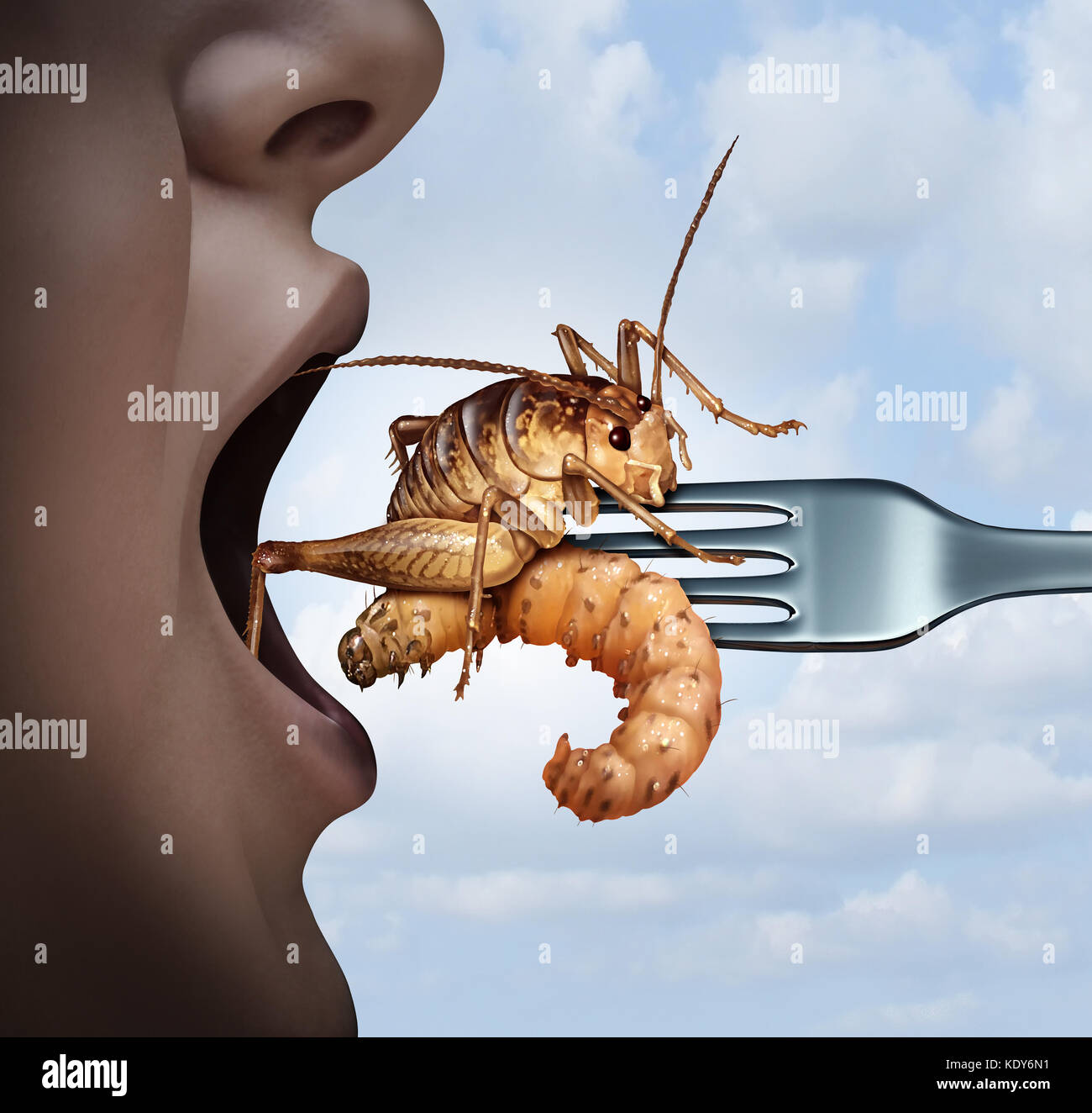 Insekten essen und essen Bugs wie exotische Küche und alternative proteinreiche Ernährung Essen als Person mit offenem Mund mit einem Kricket und Larven. Stockfoto