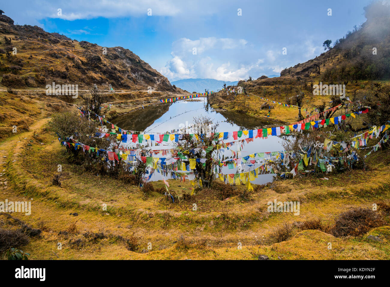 Tibetische Gebetsfahnen oder der Lunge ta und neben dem Teich, der Flagge hängen an hohen Platz für Wind flow Wünschen von Menschen, Sikkim, Indien Stockfoto
