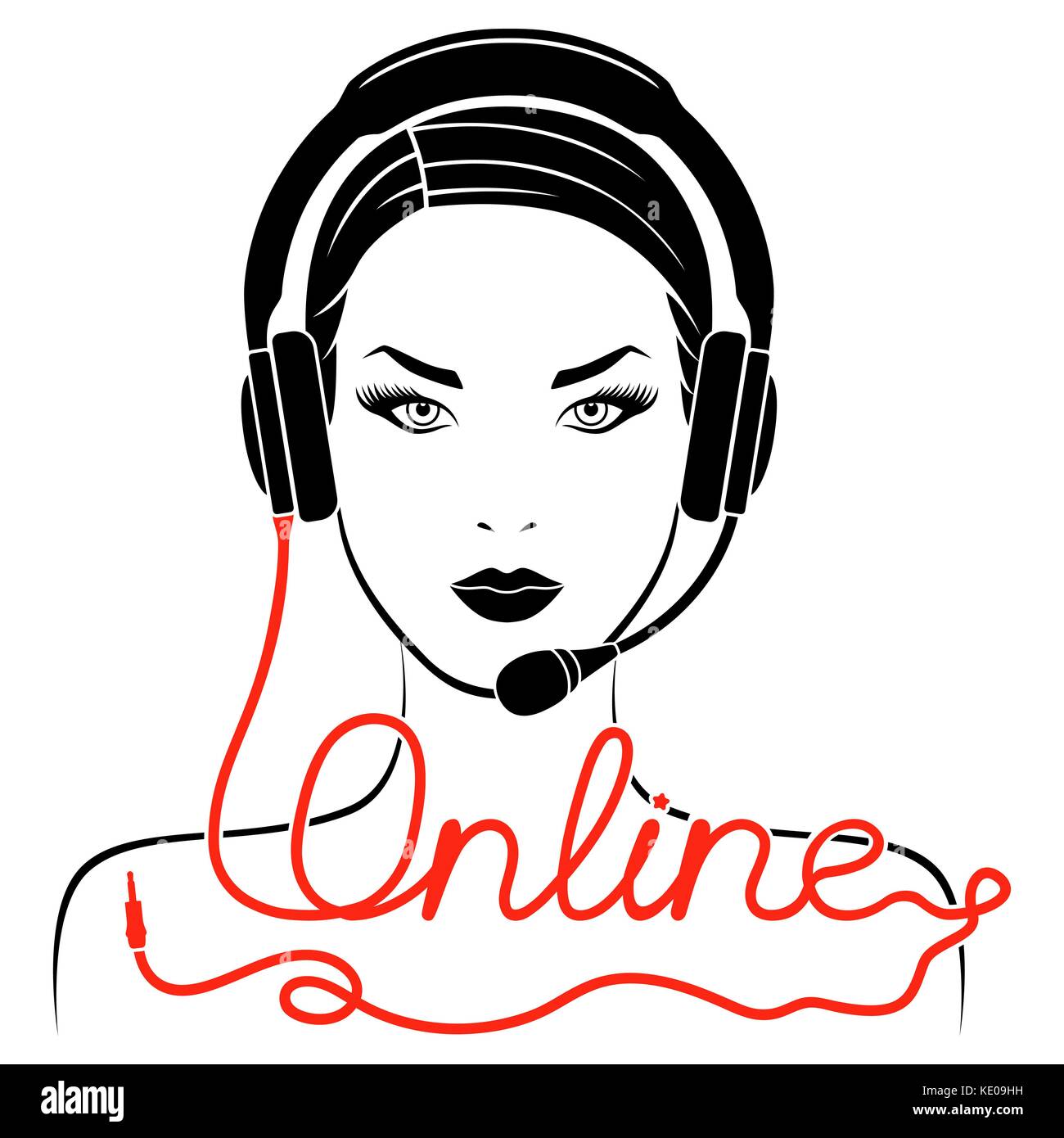 Mädchen in Kopfhörer mit Mikrofon und mit roten Kabel als Inschrift, online Service Konzept vektor Kontur Stock Vektor