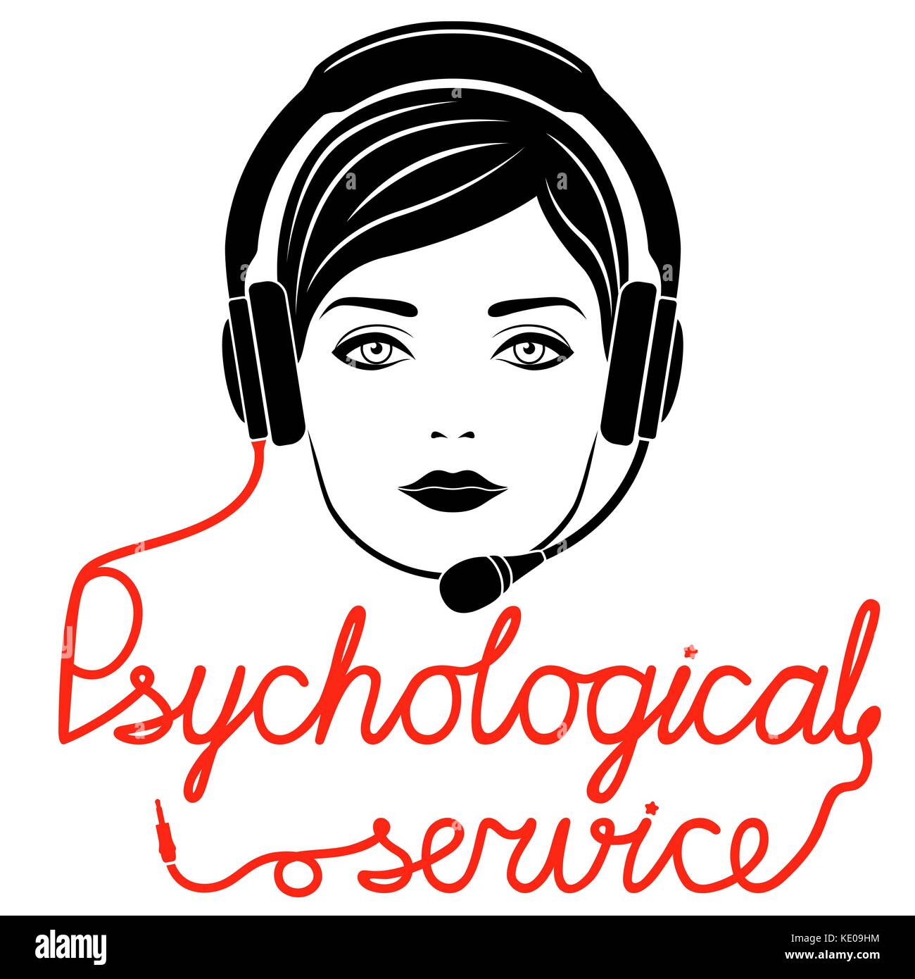 Mädchen in Kopfhörer mit Mikrofon und mit roten Kabel als Inschrift, Psychologische online Service Konzept Vector Illustration Stock Vektor