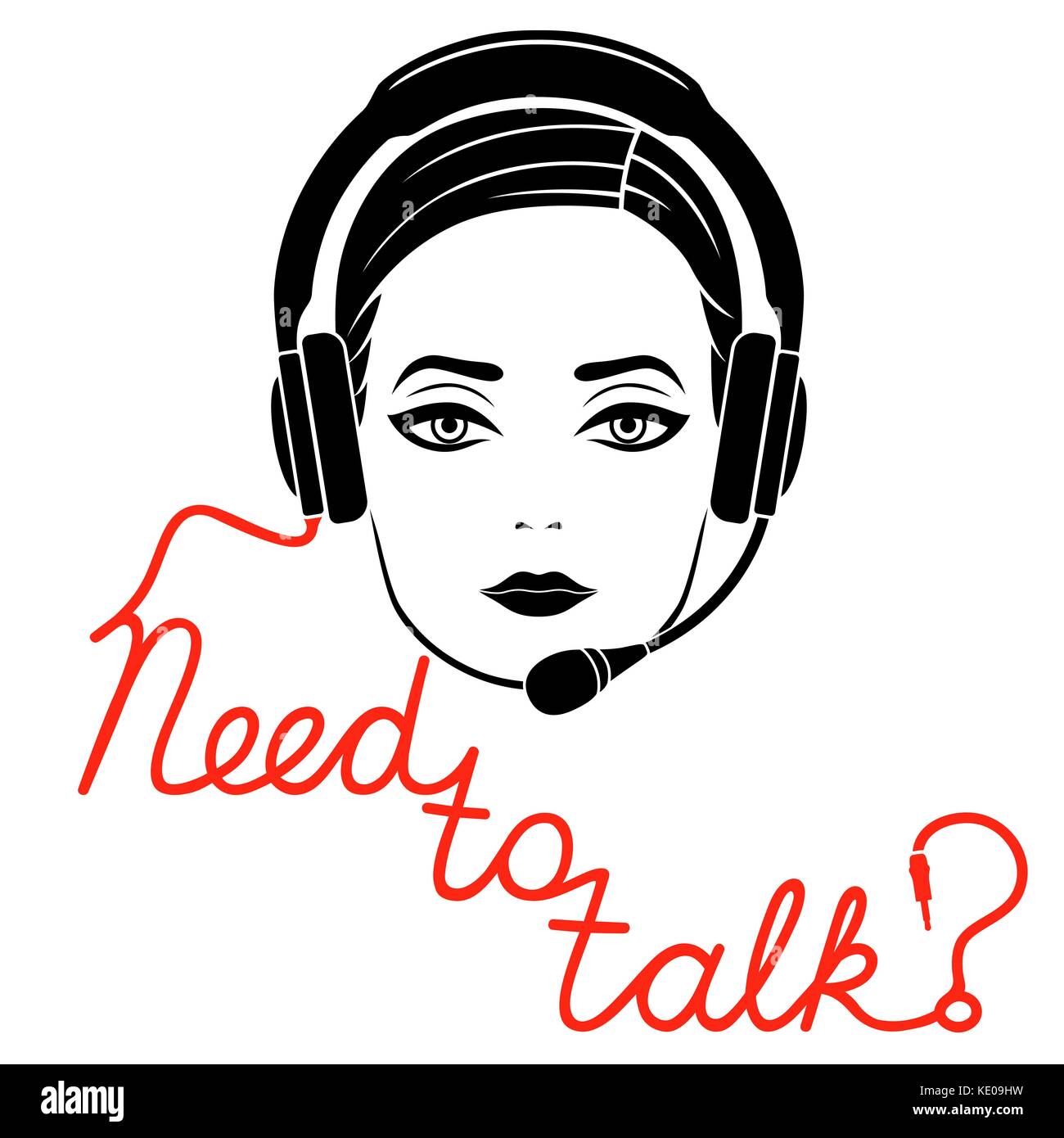 Mädchen in Kopfhörer mit Mikrofon und mit roten Kabel als Inschrift, müssen online Service Konzept zu sprechen, Vektor Kontur Stock Vektor