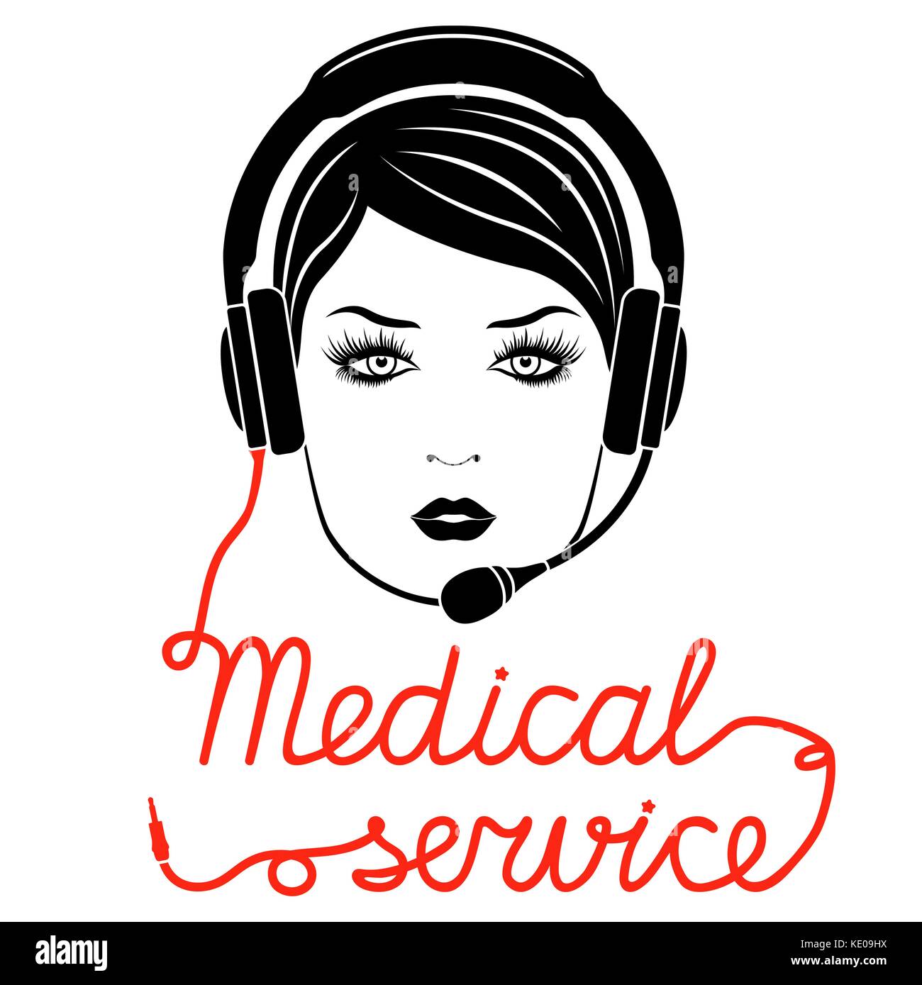 Mädchen in Kopfhörer mit Mikrofon und mit roten Kabel als Inschrift, Medical online Service Konzept, Vector Illustration Stock Vektor