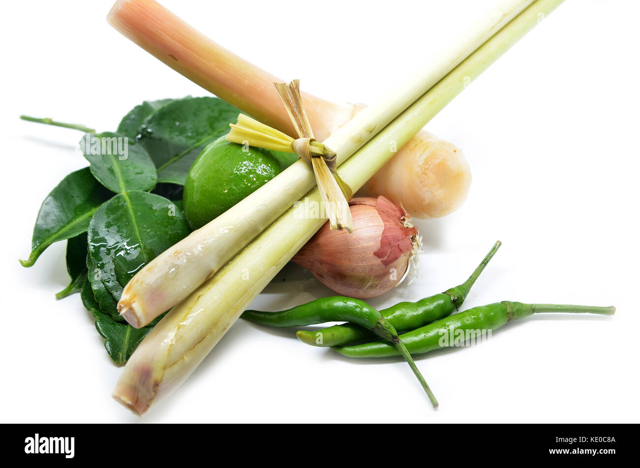 Thailändische Tom Yam Suppe Kräuter auf weißem Hintergrund Stockfoto