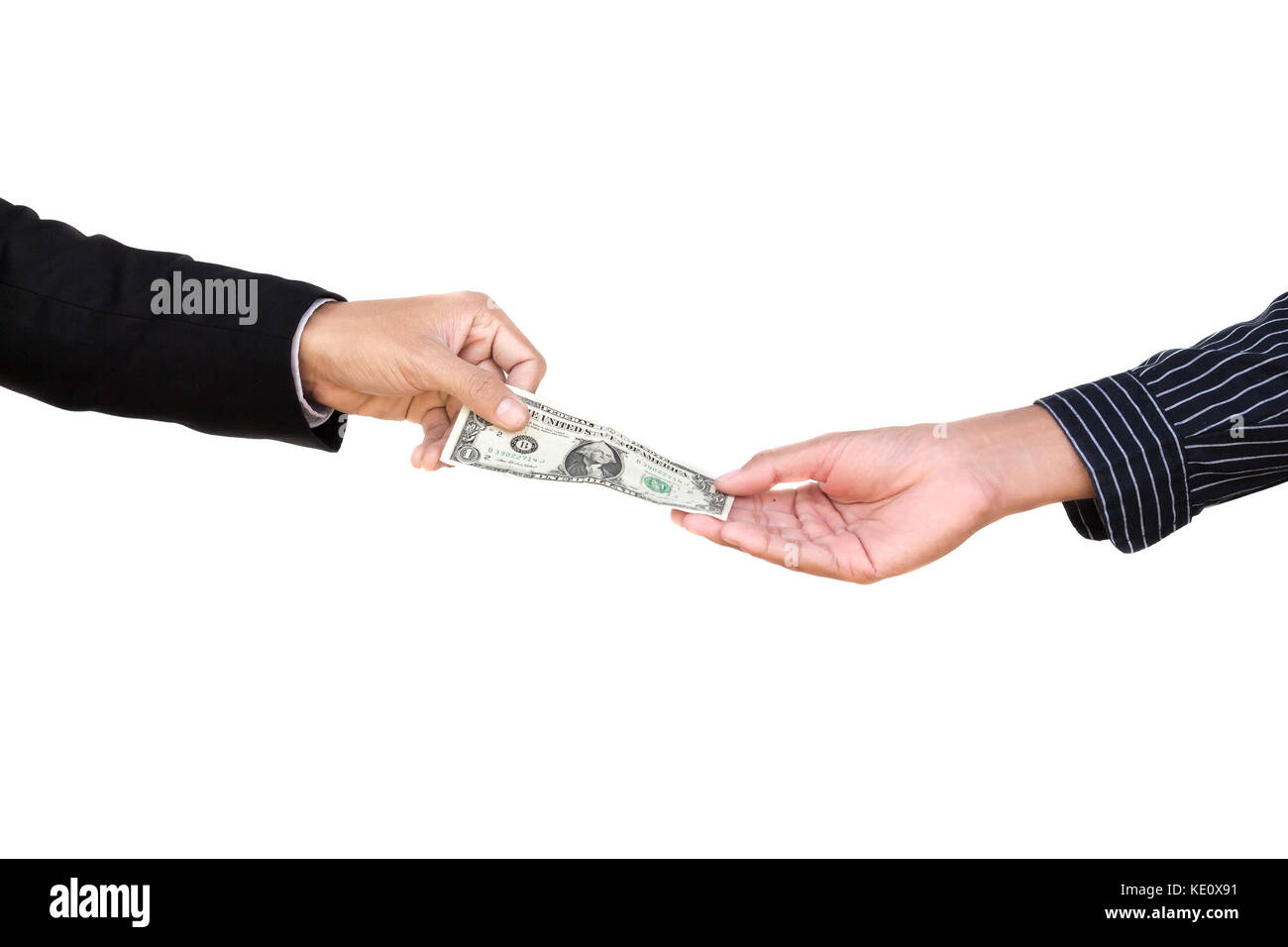 Hand Übergabe Geld zu einem anderen Hand auf weißem Hintergrund, Business Konzept Stockfoto