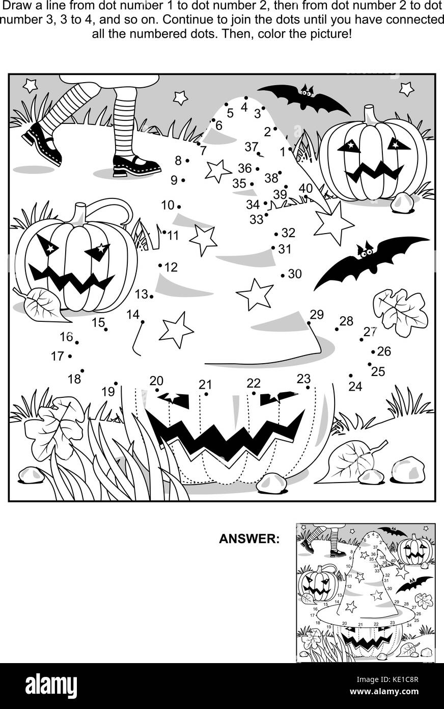 Die punkte Bild Puzzle anschließen und Färbung Seite - halloween Szene mit Hexenhut, Kürbisse, Fledermäuse, und die junge Hexe Beine. Antwort enthalten. Stock Vektor