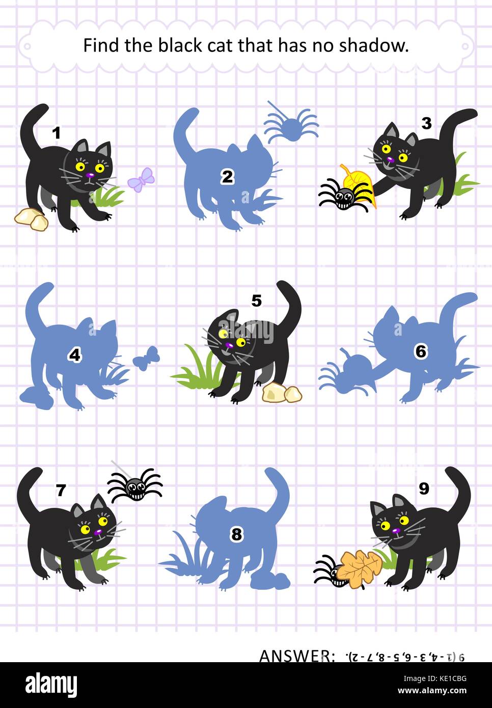 Halloween themed visuelle Puzzle oder Bild Rätsel mit schwarzen Katze: das Bild, das keinen Schatten hat. Antwort enthalten. Stock Vektor