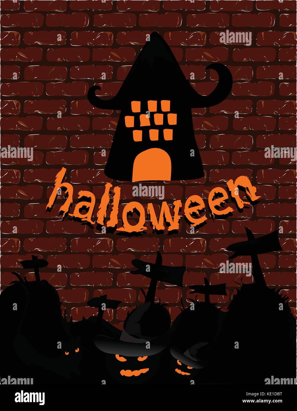 Halloween Wallpaper, Red brick wall, Kürbis Bäume und tolle Burg. Stock Vektor