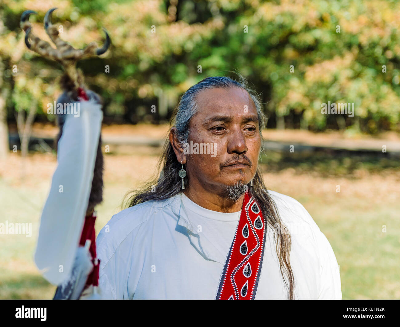 Indianisches Porträt von Creek Confederacy Abstammung, Fort Toulouse, Fort Jackson, Wetumpka Alabama USA. Stockfoto