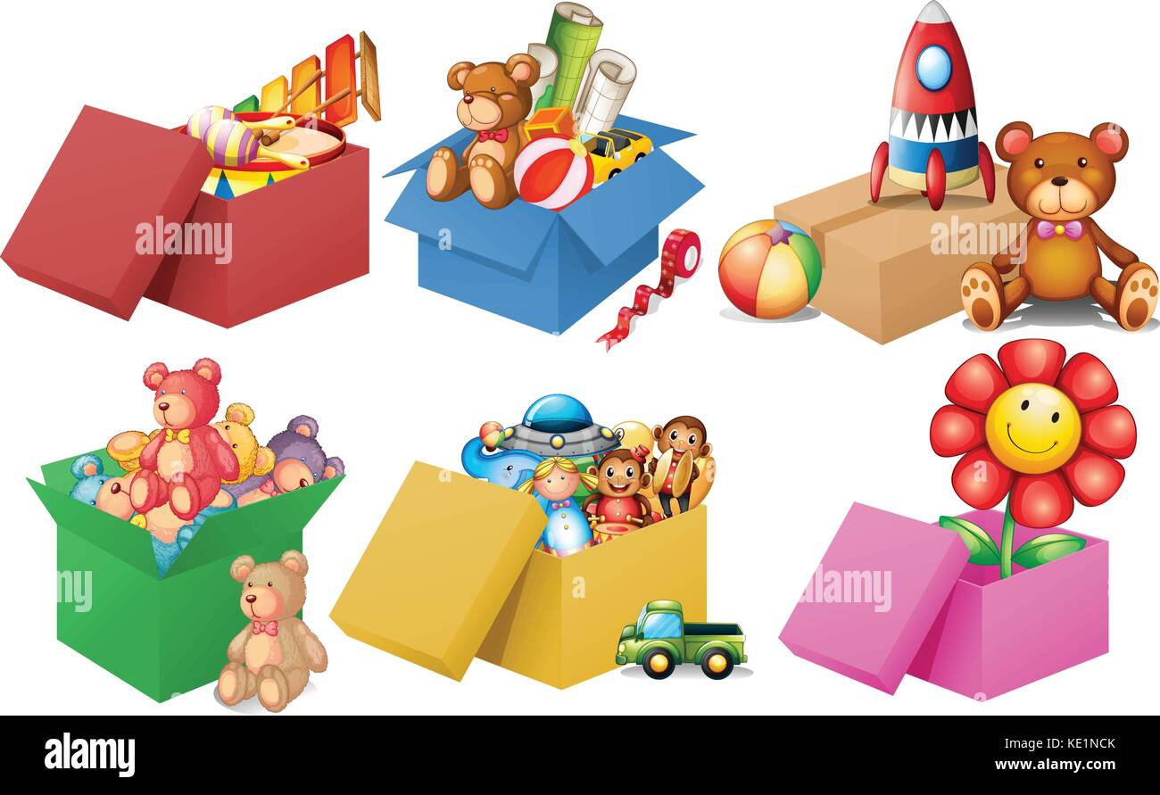 Sechs Kisten mit Spielzeug Abbildung Stock Vektor