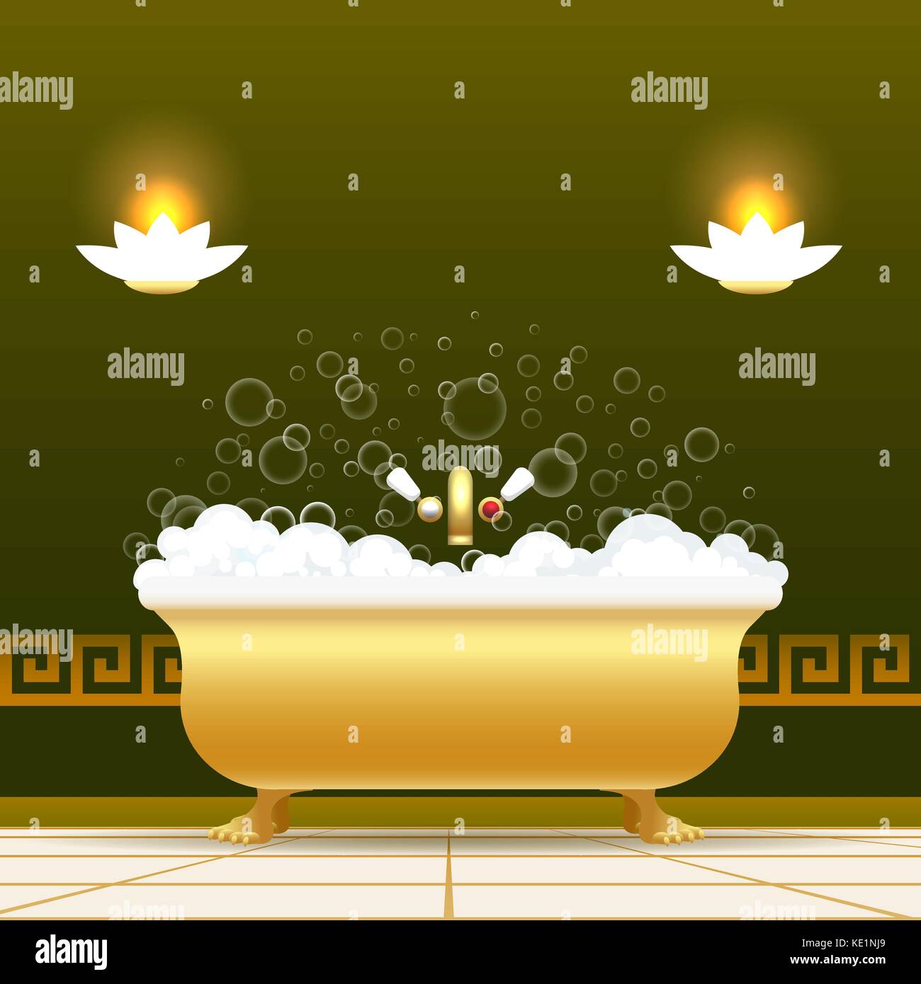 Goldene Badewanne Vector Illustration. Badewanne mit Wasser und Schaum Seifenschaum auf grünem Hintergrund isoliert Stock Vektor