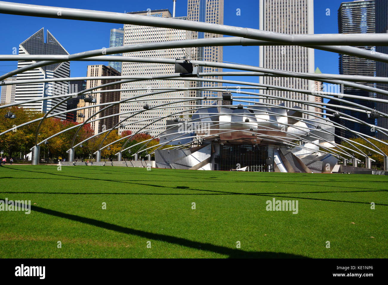 Der Rasen an den Jay Pritzker Pavilion in Millennium Park, mit der Chicago Downtown Skyline oben auftaucht, ist ein beliebter Ort für Musik. Stockfoto