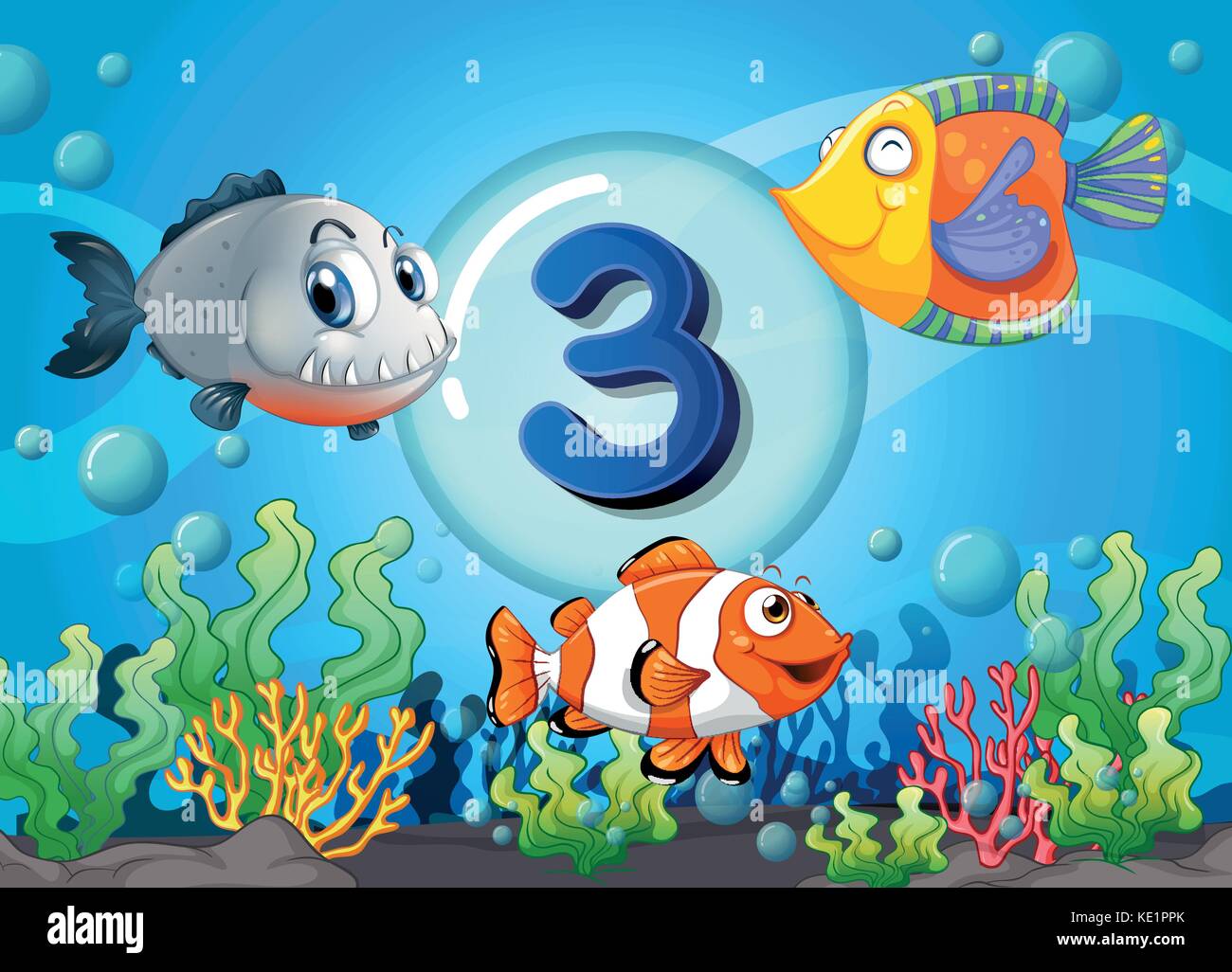 Flashcard Nummer drei mit 3 Fische unterwasser Abbildung Stock Vektor