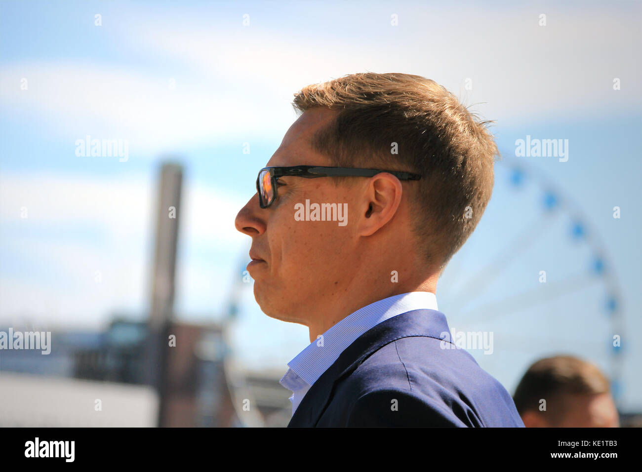 Helsinki, Finnland - 15. Juni 2016: finnische Politiker, ehemaliges Mitglied der EU und ehemaliger Ministerpräsident Finnlands, Alexander Stubb in enger Profil. s Stockfoto