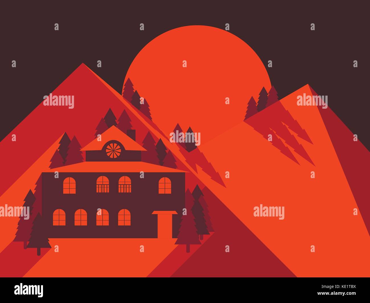 Haus in den Bergen ist flach Stil. Berglandschaft Dawn. Einsames Hotel. Vector Illustration Stock Vektor