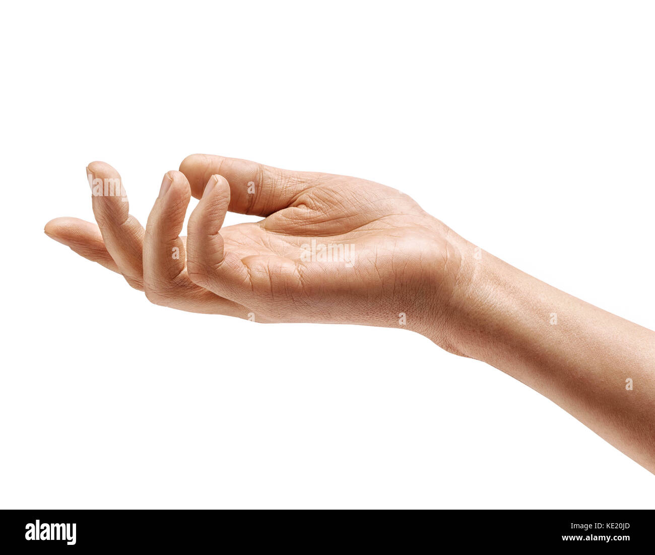 Des Menschen Hand Zeichen auf weißem Hintergrund. mit der Handfläche nach oben, in der Nähe hoher Auflösung Produkt Stockfoto