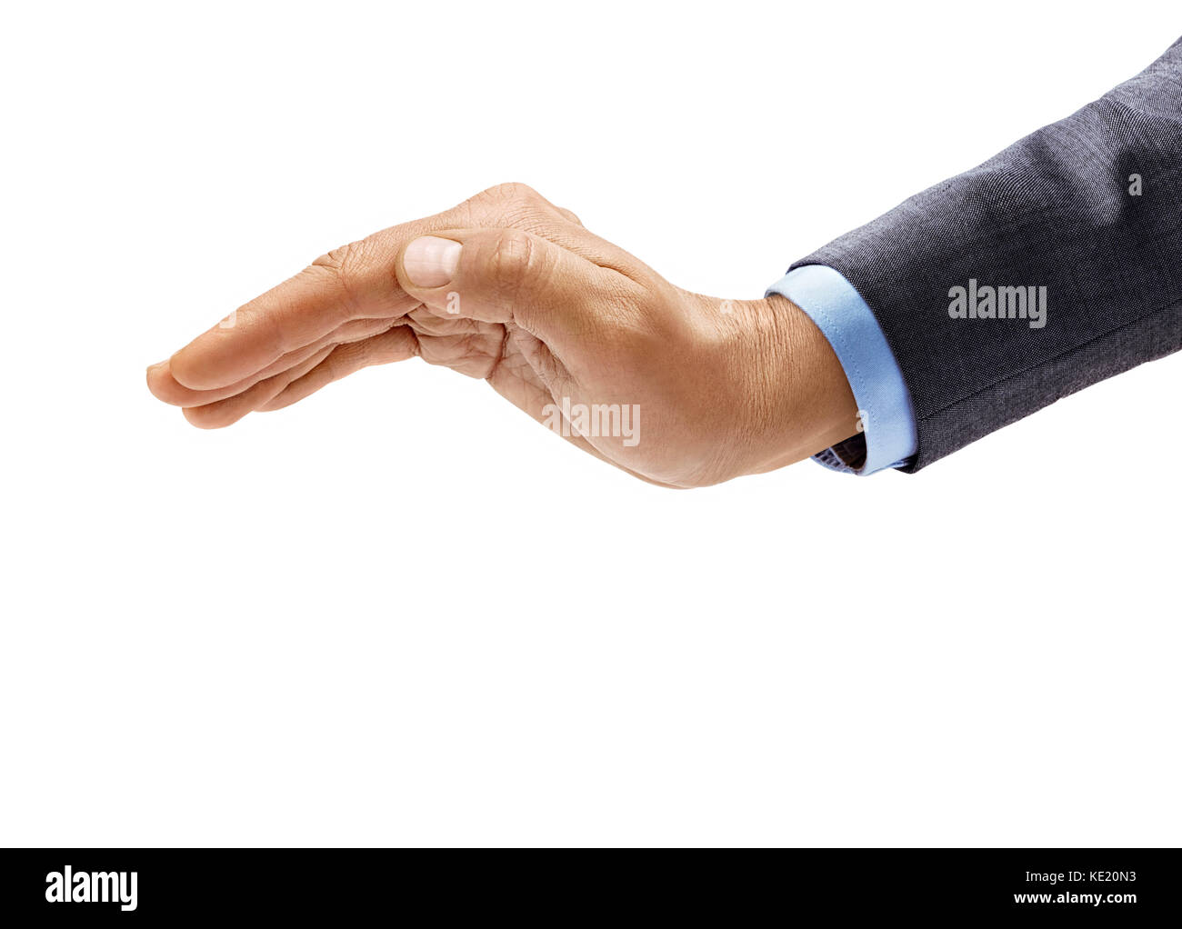 Des Menschen Hand in Anzug Zeichen auf weißem Hintergrund. invertiert Öffnen Sie Palm, Nahaufnahme, hohe Auflösung Produkt Stockfoto
