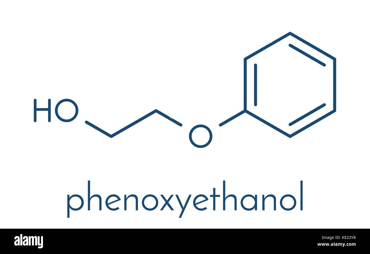 Phenoxyethanol Konservierungsmittel Molekül. Oft in Pharmazeutika, Kosmetika, etc. Der skelettmuskulatur Formel. Stock Vektor