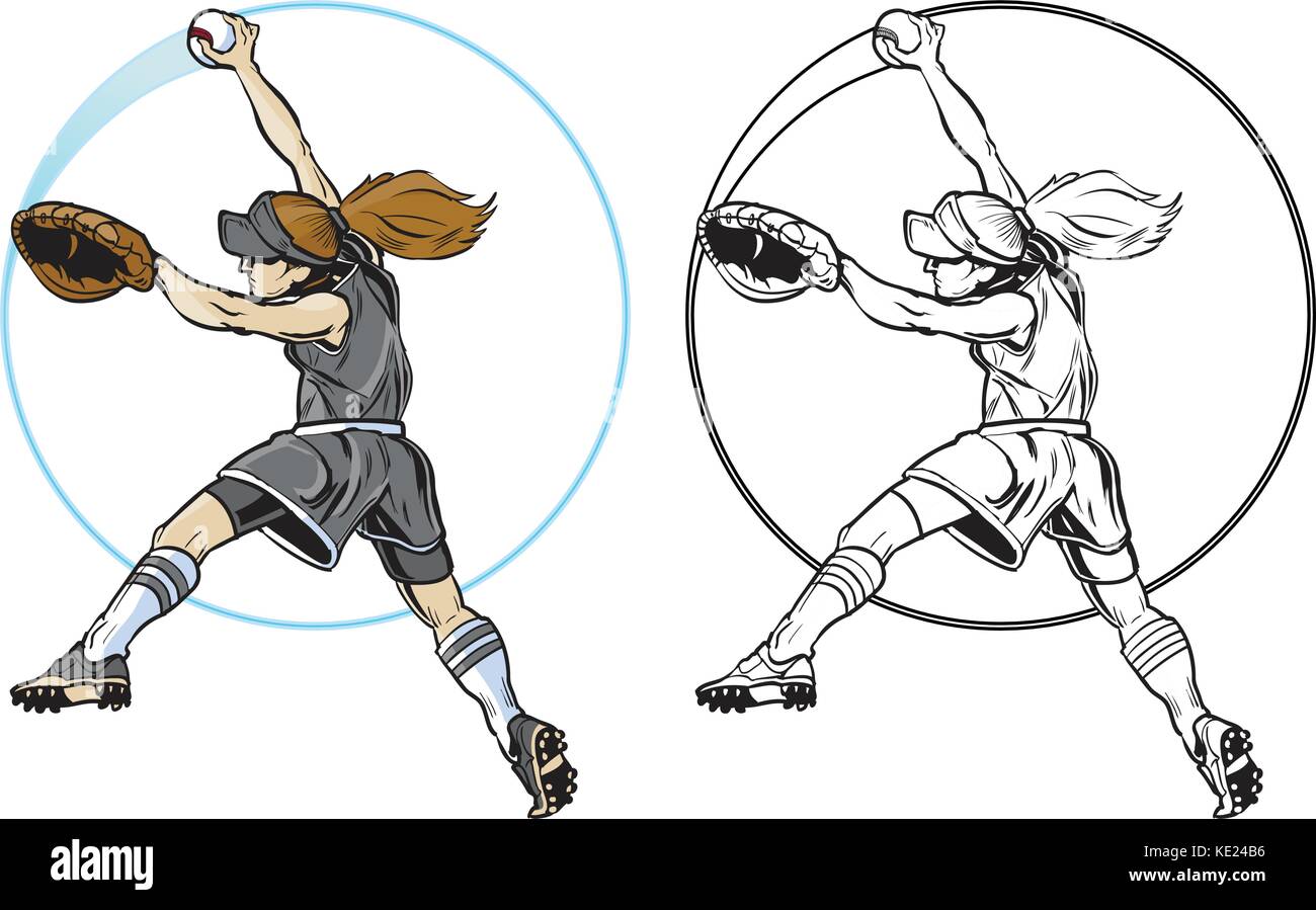 Vector clip art Cartoon Illustration einer kaukasischen Mädchen oder eine Frau ein Softball Pitching von der Seite. Ein blauer Kreis Streifen folgt den Ball. In colo Stock Vektor
