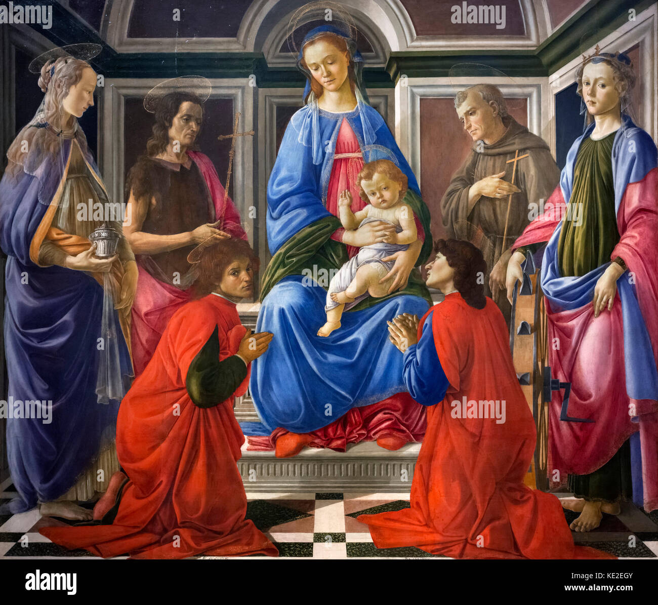 Madonna und Kind mit sechs Heiligen (Sant'Ambrogio Altarbild) von Sandro Botticelli (Alessandro di Mariano di Vanni Filipepi, c 1445-1510), Tempera auf Holz, c 1470 Stockfoto