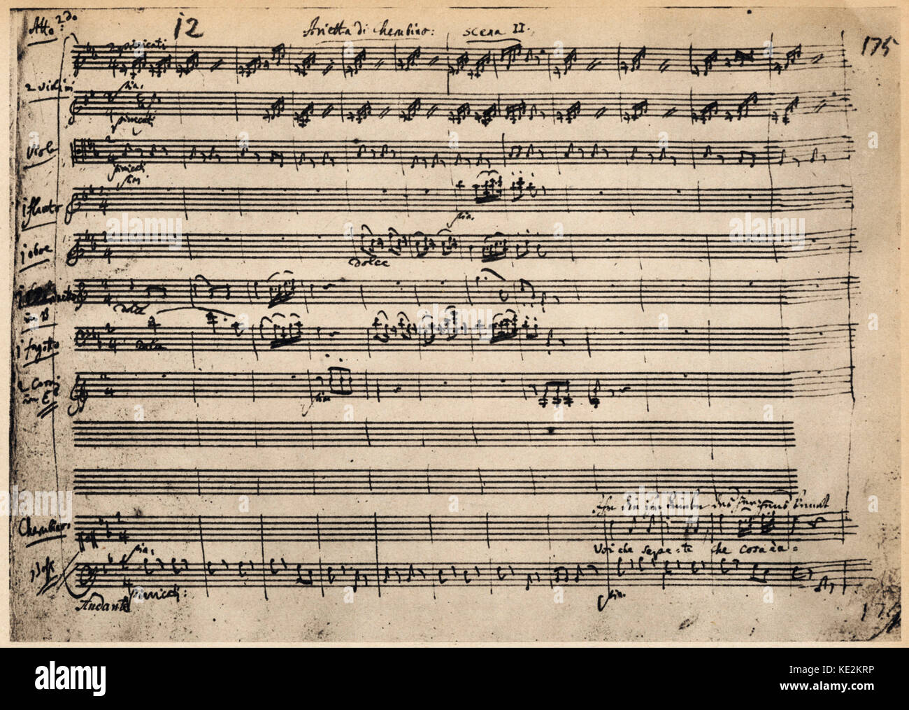 Wolfgang Amadeus Mozarts "Hochzeit des Figaro" - Beginn des Cherubini's Song - handschriftliches Manuskript Kerbe. Österreichischen Komponisten, 27. Januar 1756 - vom 5. Dezember 1791. Stockfoto