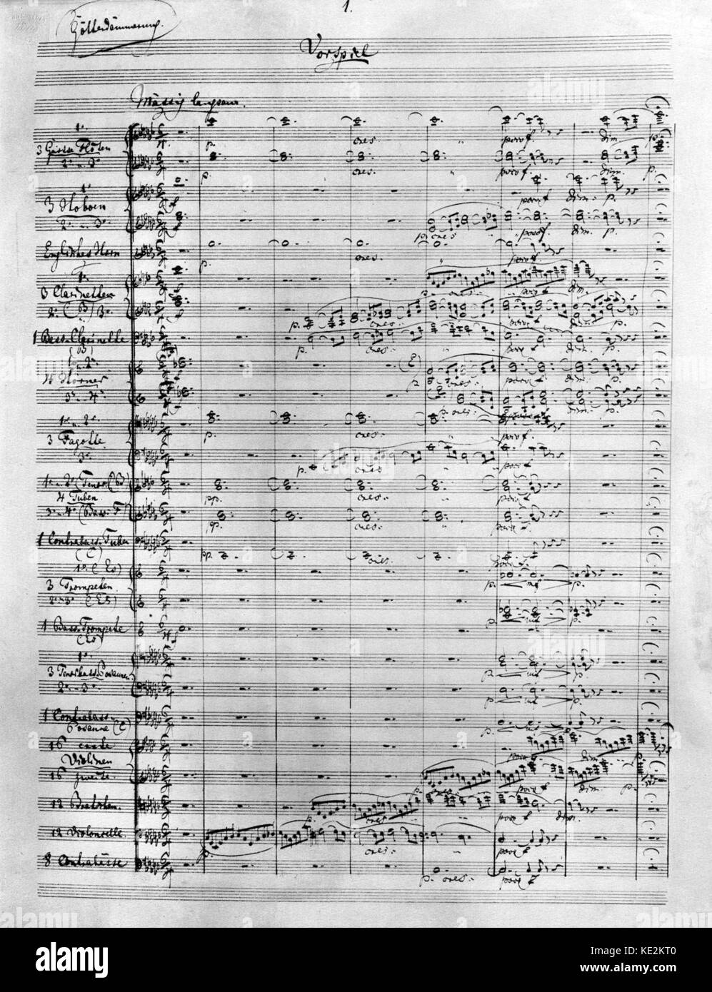 Richard Wagners "Götterdämmerung" ("Götterdämmerung"). Seite 1 von Original Score. Die letzte der vier Opern, aus 'Der Ring des Nibelungen' (Der Ring cycle''), von Richard Wagner. Es Premiere bei den Bayreuther Festspielhaus am 17. August 1876, als Teil des ersten vollständigen Ring Zyklus. Stockfoto