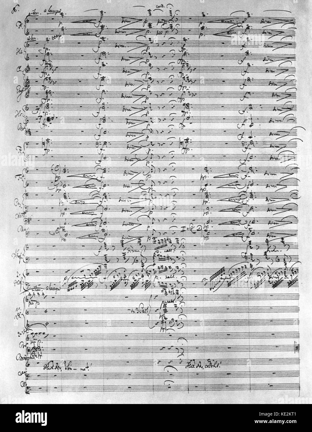 Richard Wagners die "Siegfriedkarte" - handgeschriebene Seite aus Original Score. Die dritte der vier Opern, aus 'Der Ring des Nibelungen' (Der Ring cycle''), von Richard Wagner. Bei den Bayreuther Festspielhaus am 16. August 1876 uraufgeführt, als Teil des ersten vollständigen Ring Stockfoto