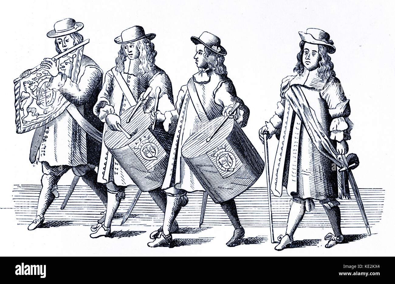 Zwei drum Spieler, eine Pfeife und ein Drum-Major. Abbildung: das Begräbnis des Herzogs von Albermarle, 1670. Stockfoto