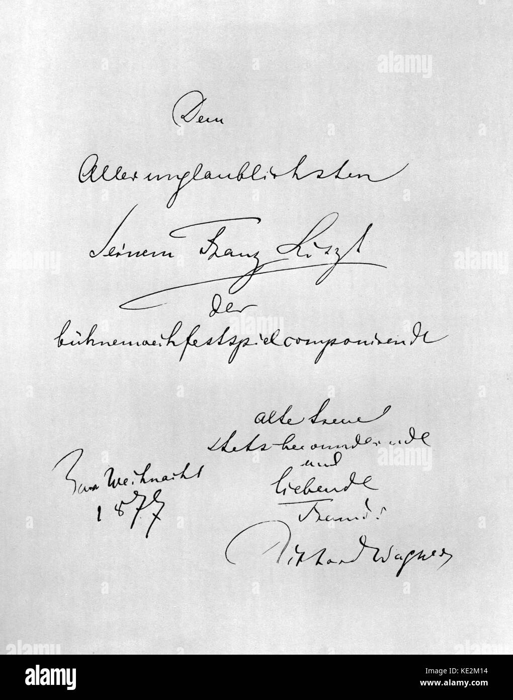 Wagner handschriftlichen Widmung auf Parsifal, 1877, von Franz Liszt. Stockfoto