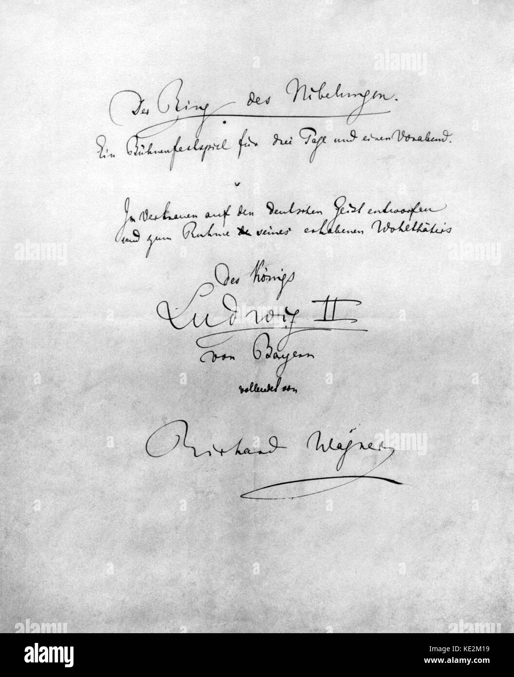 Richard Wagners "Der Ring cycle' ('Der Ring des Nibelungen'). Unterzeichnet Titelseite - Engagement für König Ludwig II. August 1876. Stockfoto