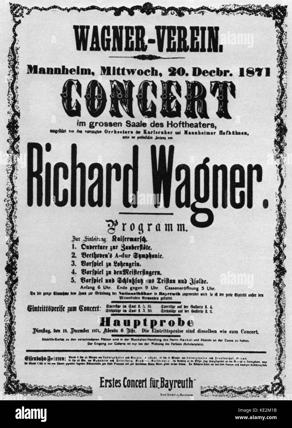 Richard Wagner - Mannheiser Konzert. Programm des Konzerts für Bayreuth. 20. Dezember 1871. Deutscher Komponist. Mai 22, 1813 - Februar 13, 1883. Stockfoto