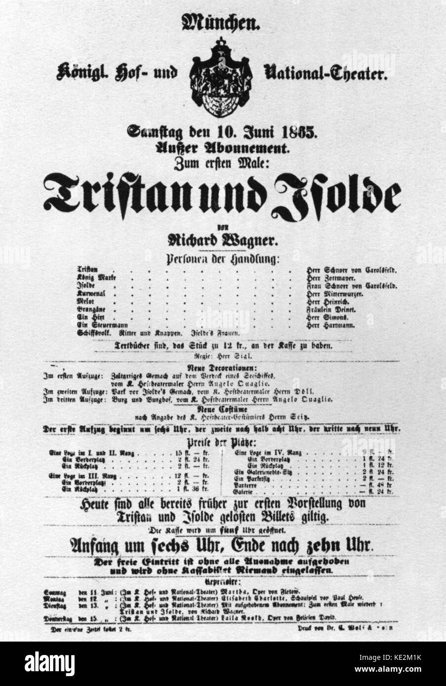 Richard Wagners "Tristan und Isolde". Theater Plakat für die Premiere. München, 10. Juni, 1865. Stockfoto