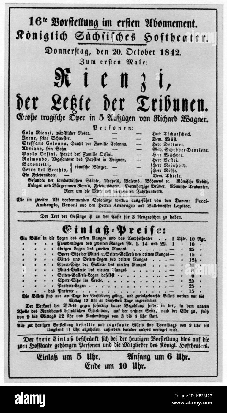 Richard Wagners "Rienzi". Plakat für Premiere an der Hofoper Dresden am 20. Oktober 1842. Frühe Oper von Richard Wagner in fünf Akten. Stockfoto